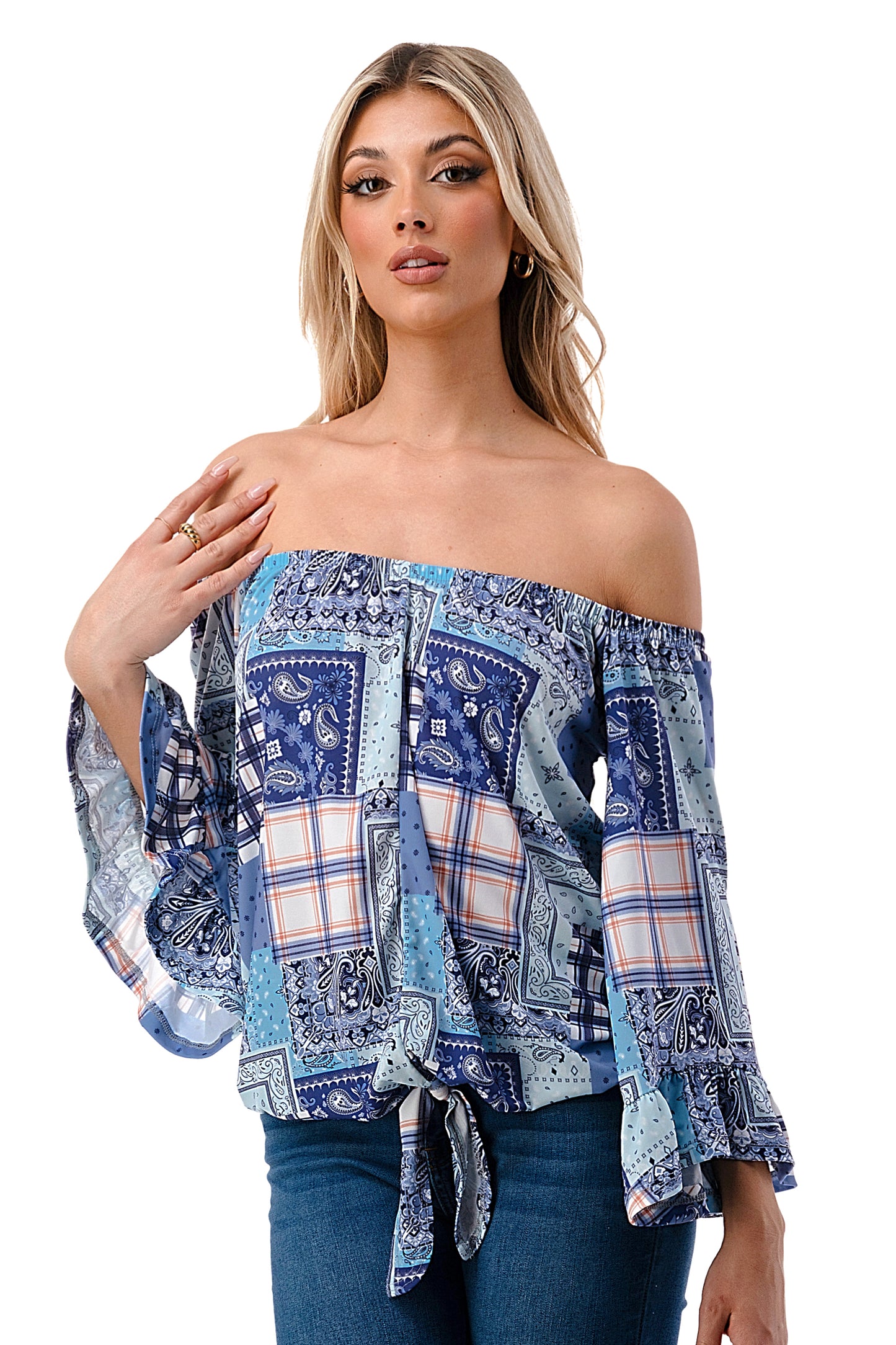 HARRIET OFF SHOULDER TOP (BLUE PATCH WORK)- VT2509