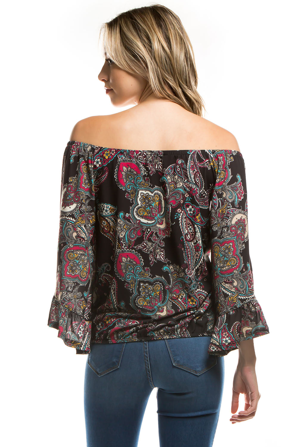 HARRIET OFF SHOULDER TOP (BLACK PAISLEY)- VT2509