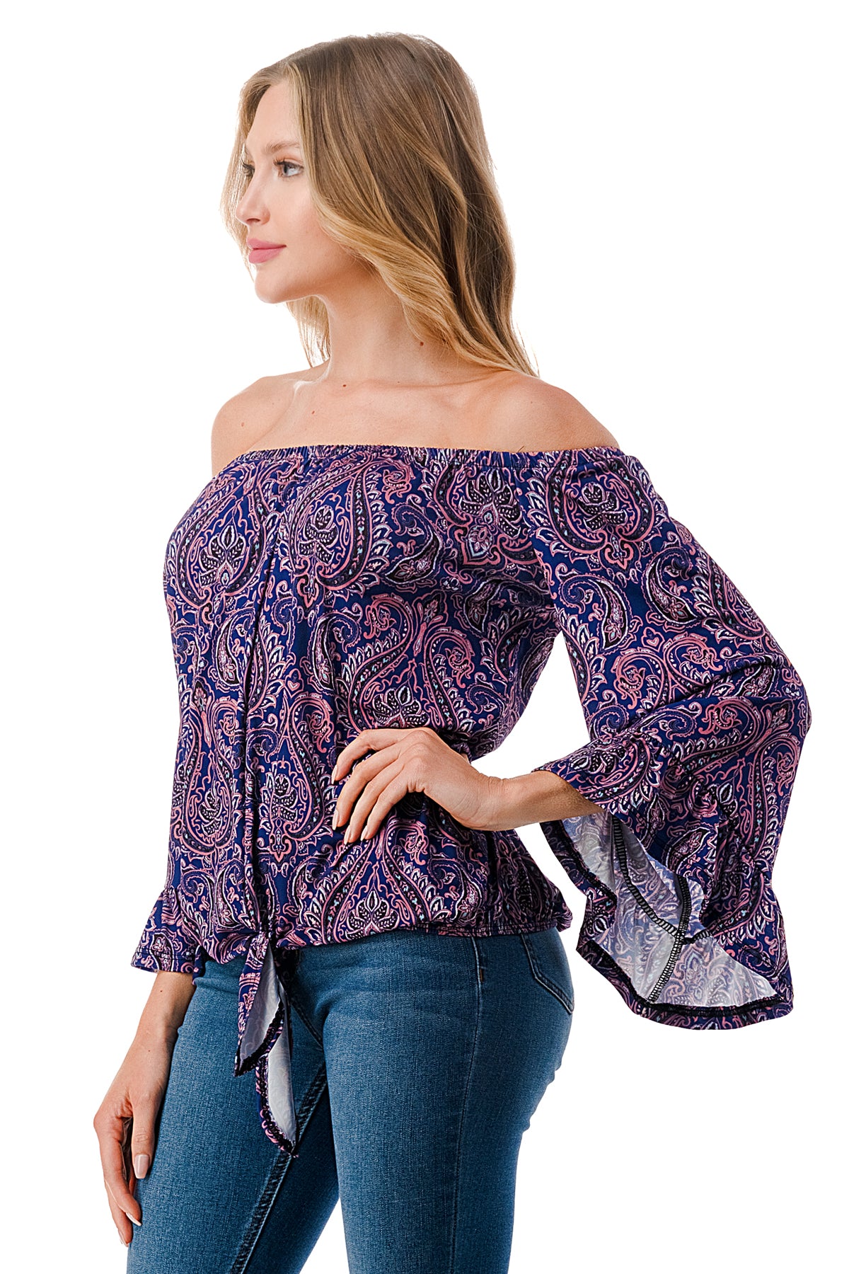 HARRIET OFF SHOULDER TOP (PURPLE PAISLEY)- VT2509