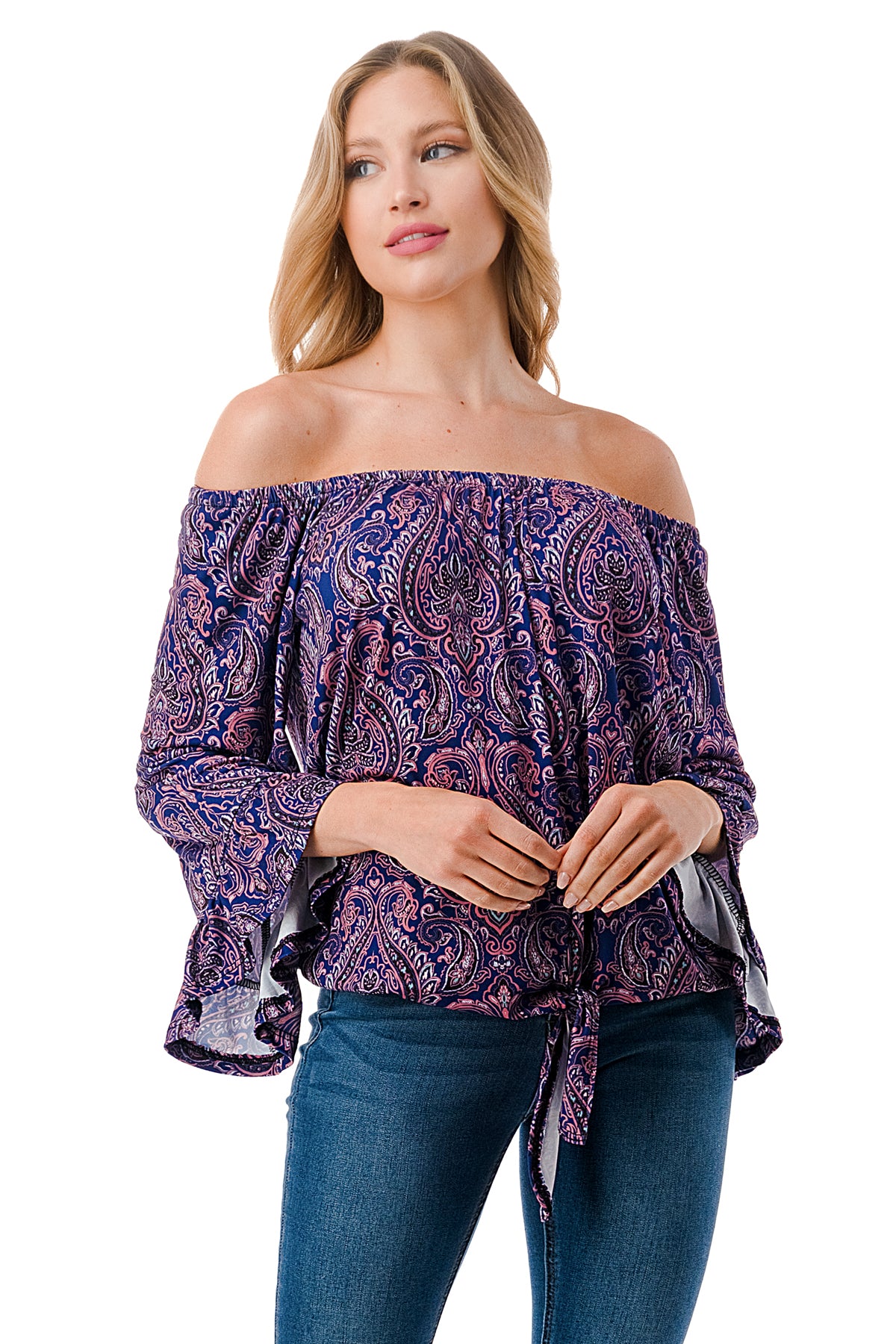 HARRIET OFF SHOULDER TOP (PURPLE PAISLEY)- VT2509