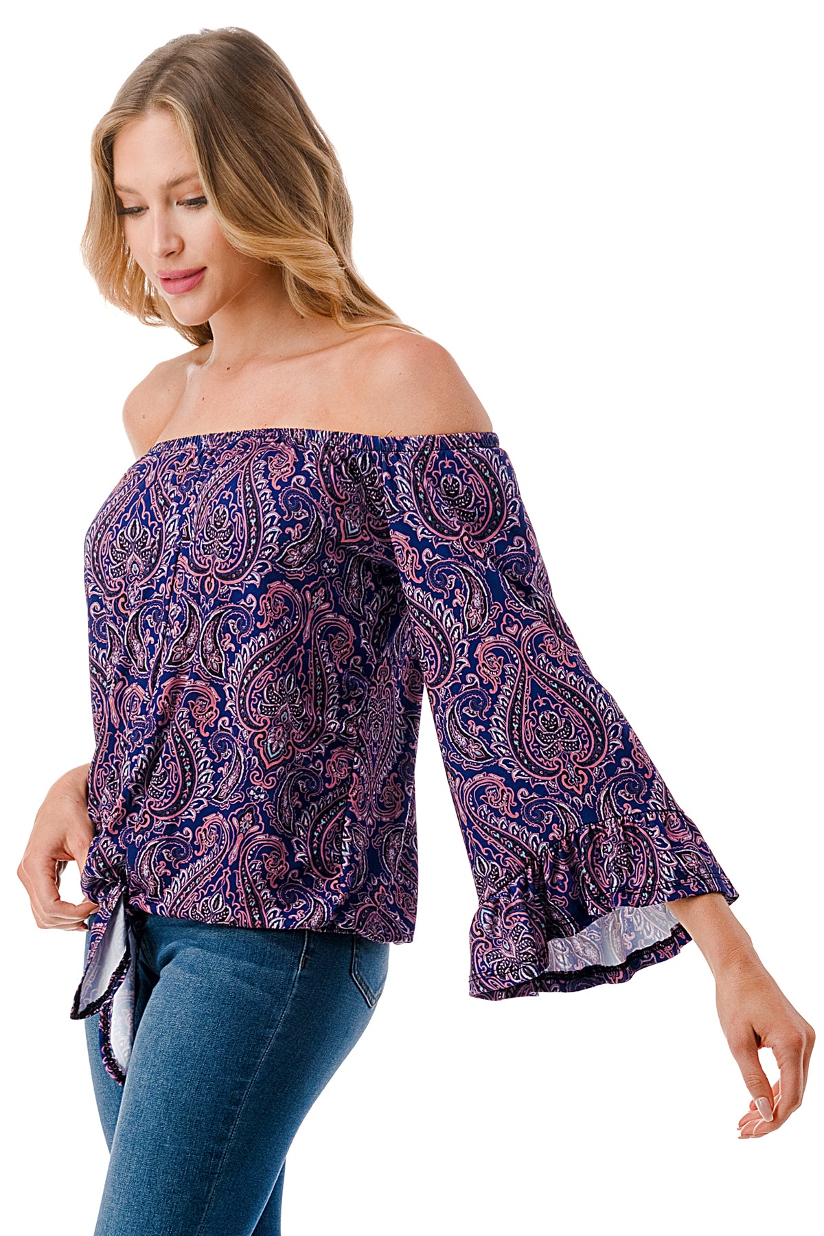 HARRIET OFF SHOULDER TOP (PURPLE PAISLEY)- VT2509