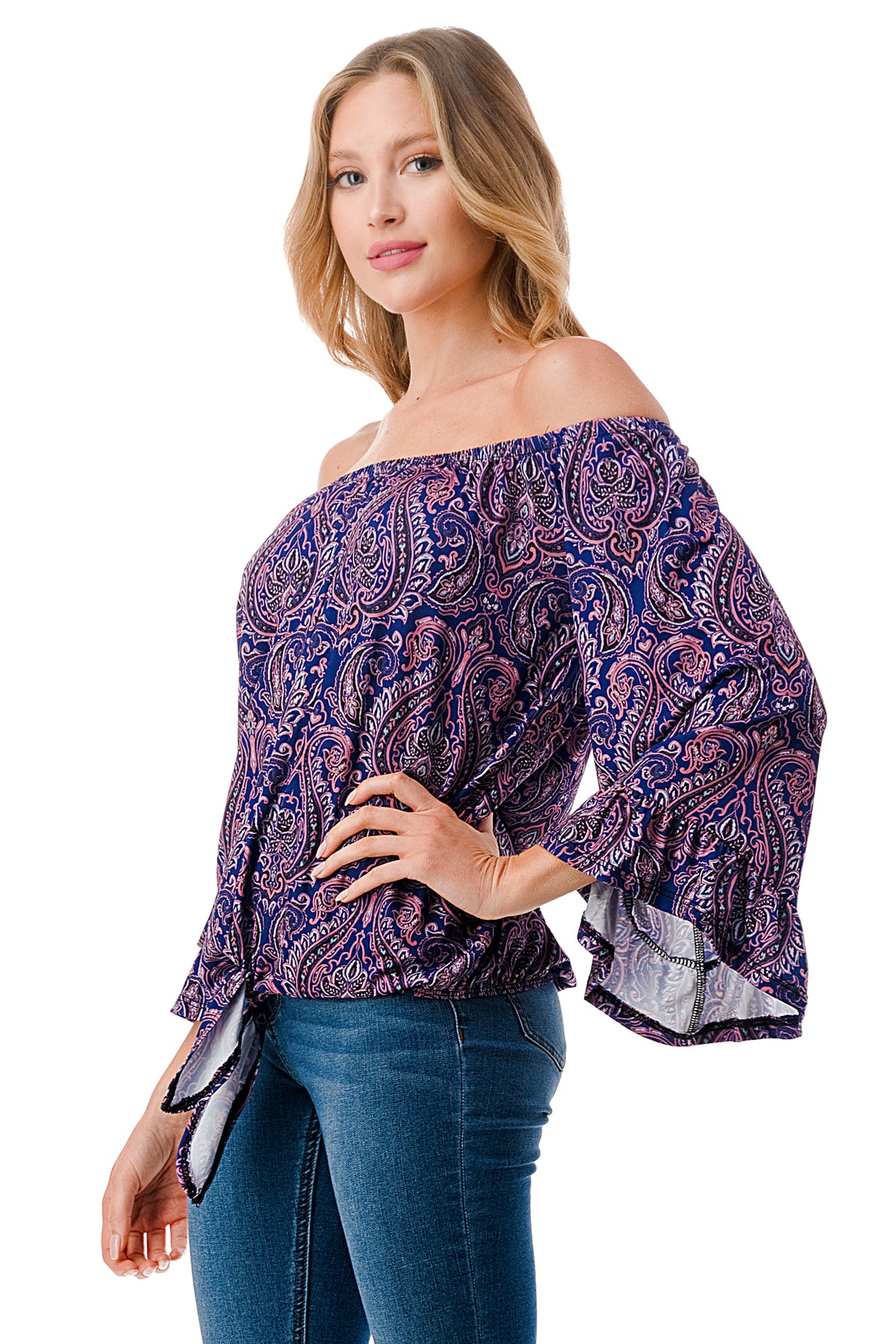 HARRIET OFF SHOULDER TOP (PURPLE PAISLEY)- VT2509