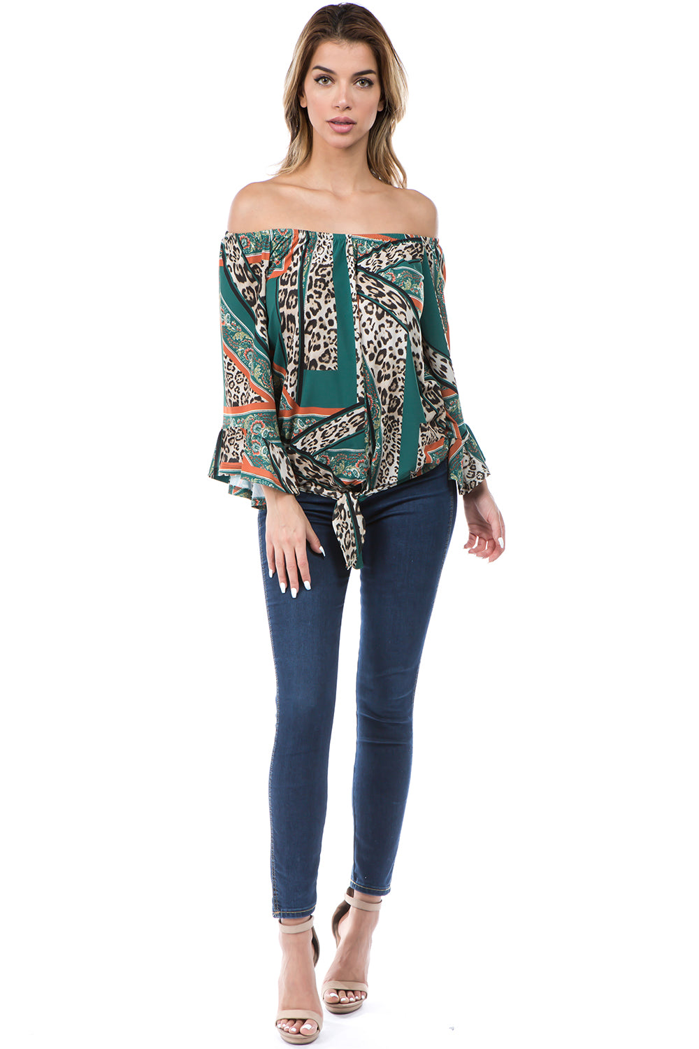 LIVIA OFF SHOULDER TOP (GREEN MULTI)- VT2509-LIVIA