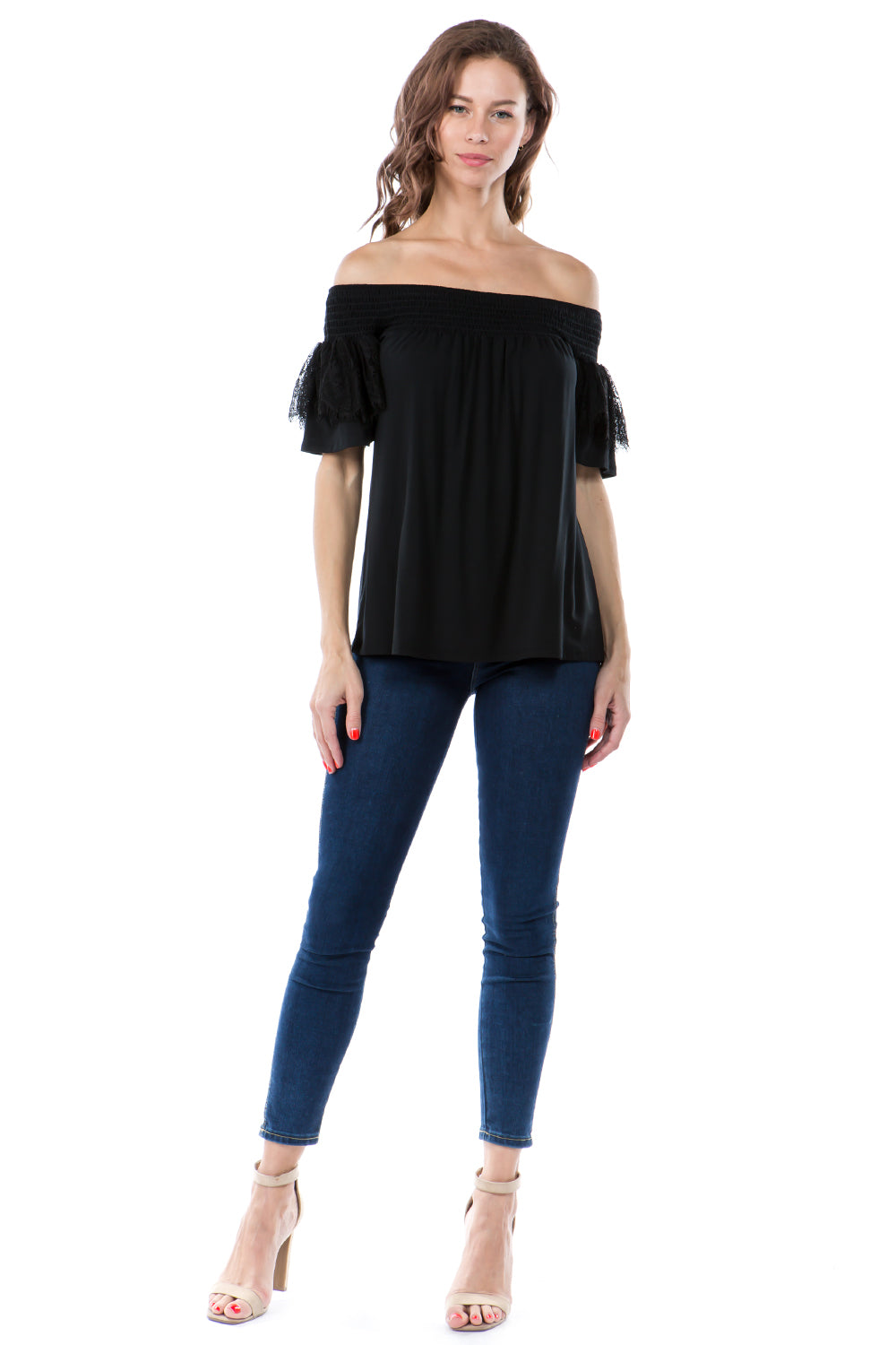 LACY SHORT SLEEVE TOP (BLACK)-VT2544