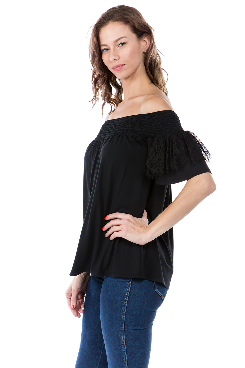 LACY SHORT SLEEVE TOP (BLACK)-VT2544