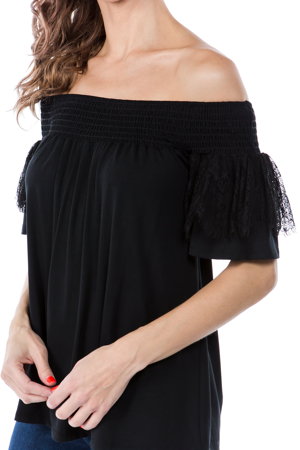 LACY SHORT SLEEVE TOP (BLACK)-VT2544