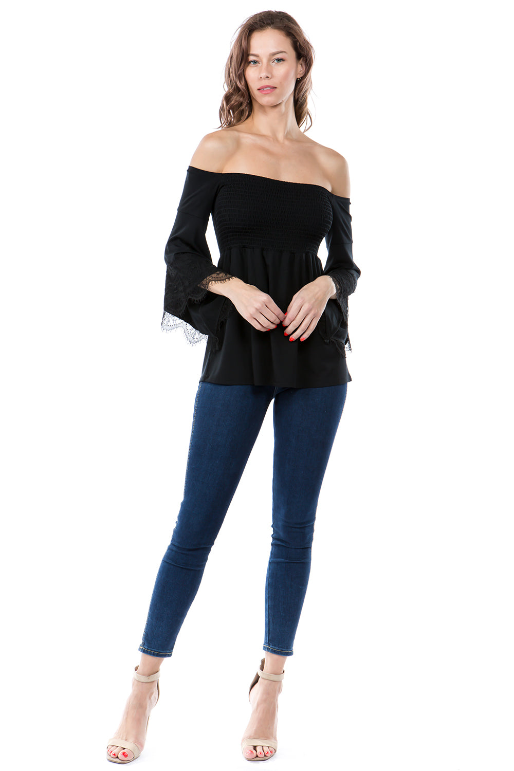LACY BELL SLEEVE TOP (BLACK)-VT2549