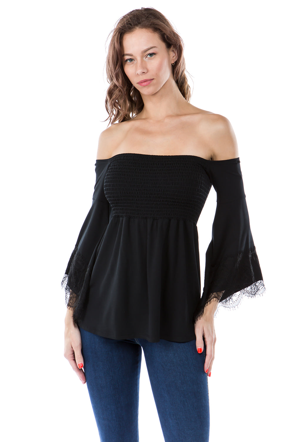 LACY BELL SLEEVE TOP (BLACK)-VT2549