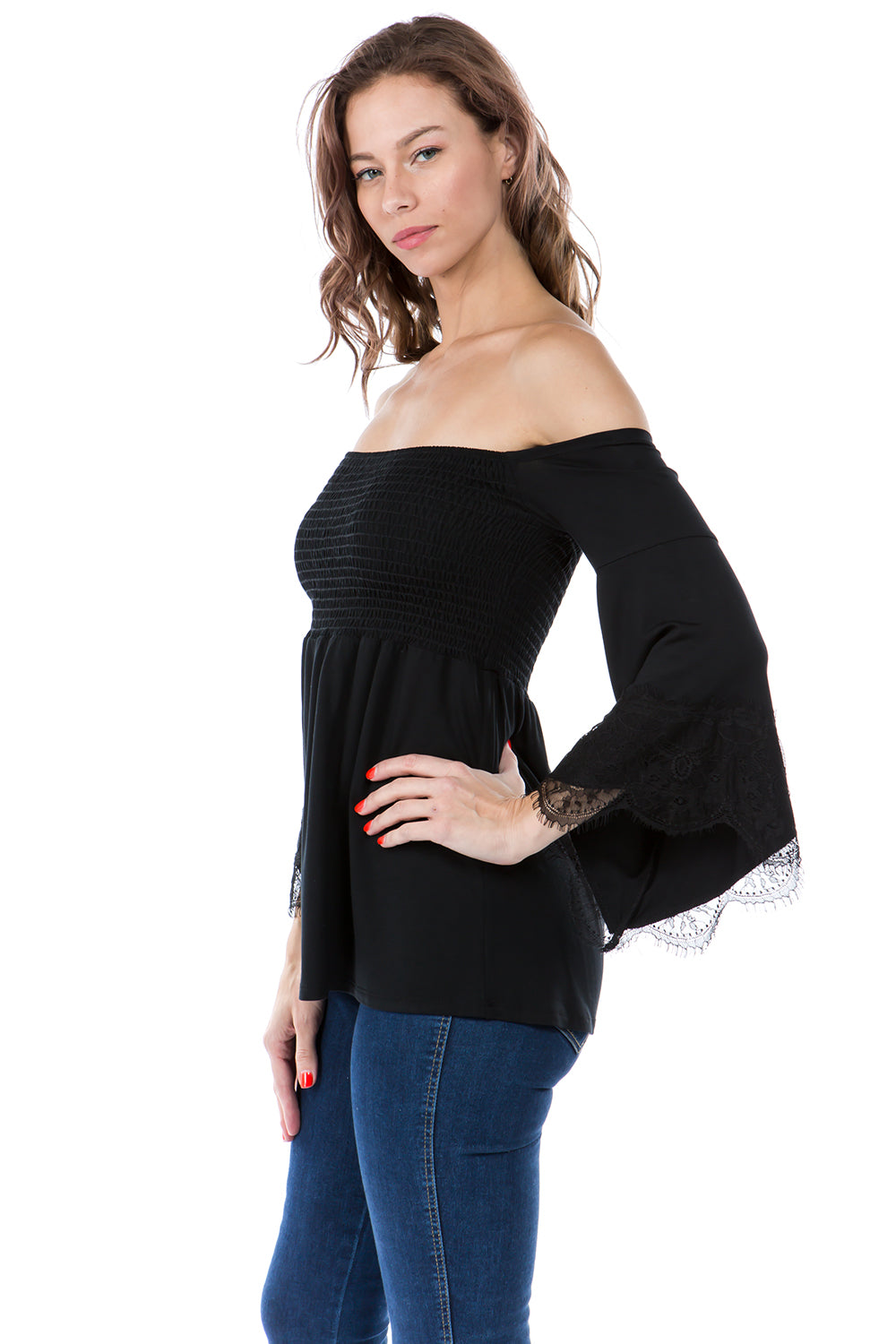 LACY BELL SLEEVE TOP (BLACK)-VT2549