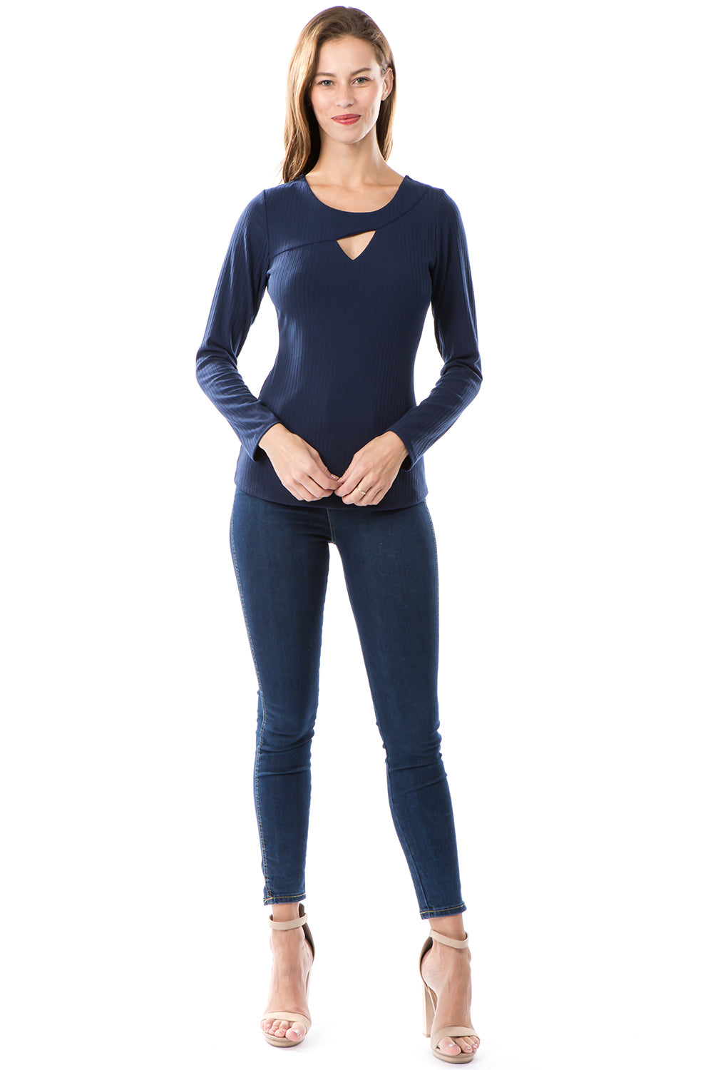 FLONA YOKE TOP (NAVY)- VT2582-RIB FABRIC
