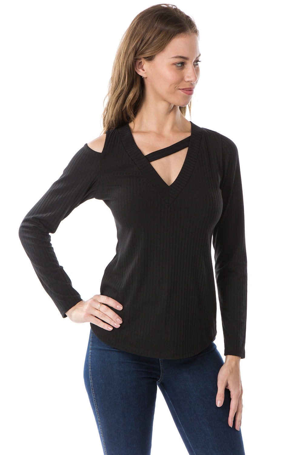 MAYA ONE OPEN SHOULDER LONG SLEEVE TOP (BLACK)- VT2584