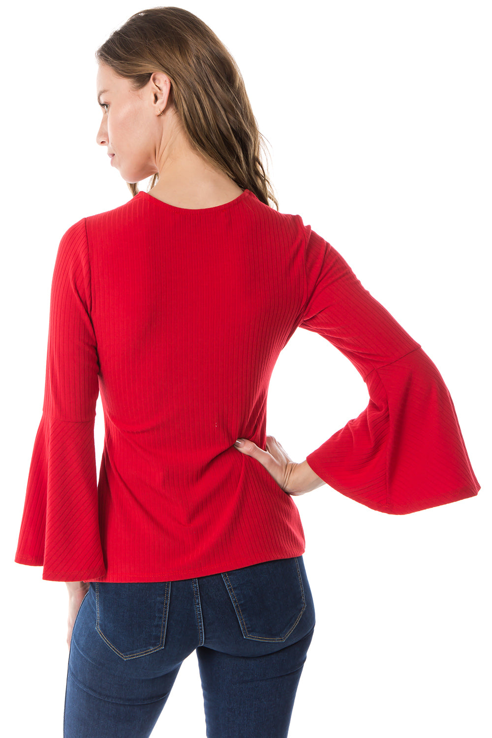 MAYA CRISS CROSS BELL SLEEVE TOP (RED)- VT2585