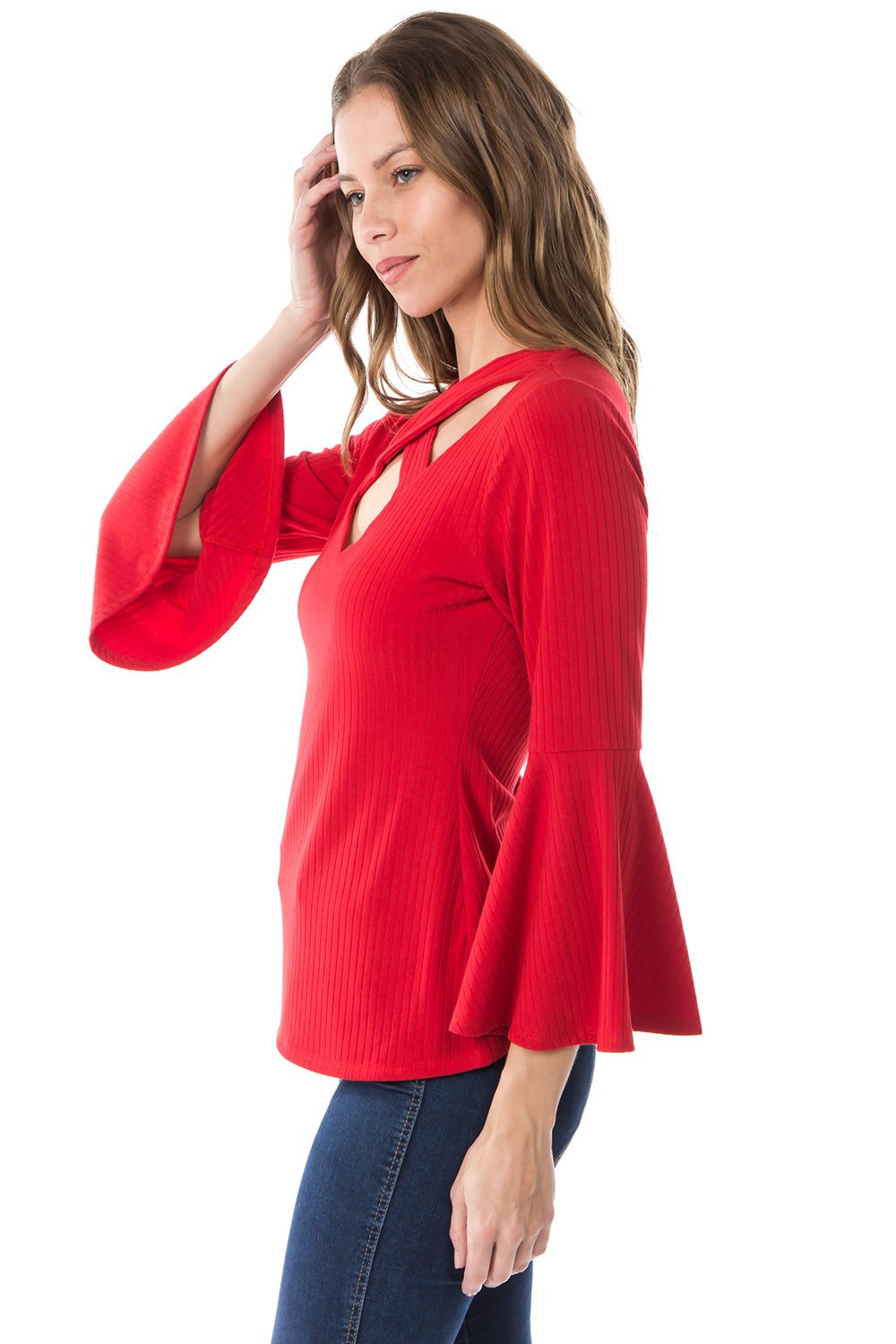 MAYA CRISS CROSS BELL SLEEVE TOP (RED)- VT2585