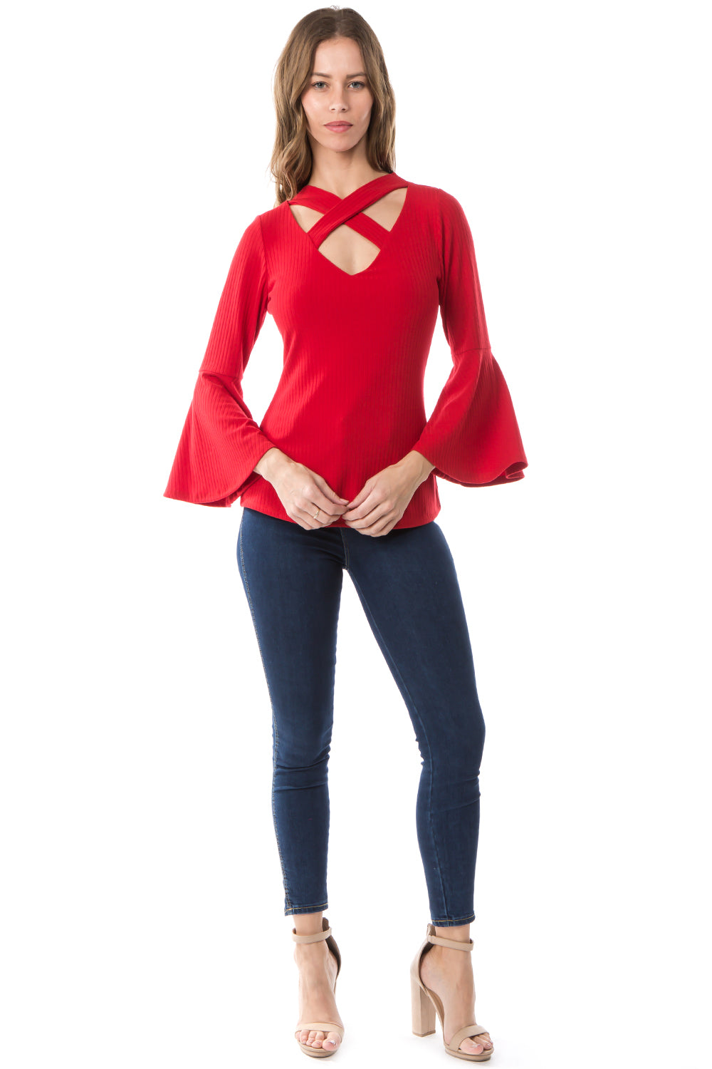 MAYA CRISS CROSS BELL SLEEVE TOP (RED)- VT2585