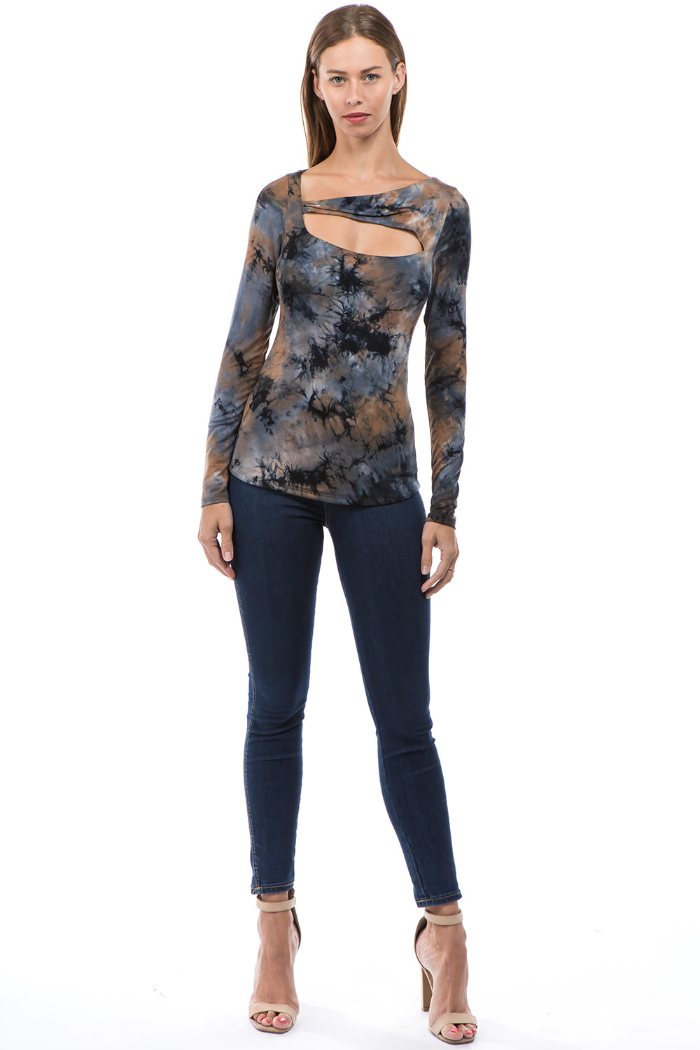 ROCIO SPLIT YOKE TOP (BROWN TIE DYE)-VT2595