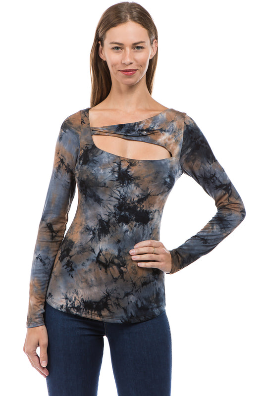 ROCIO SPLIT YOKE TOP (BROWN TIE DYE)-VT2595