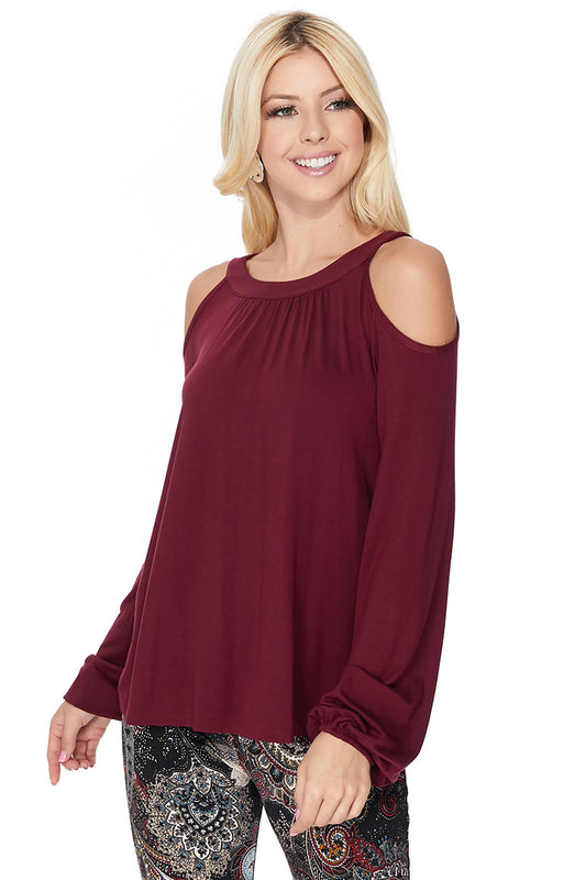MICHELLE COLD SHOULDER TOP (DARK WINE)-VT2609