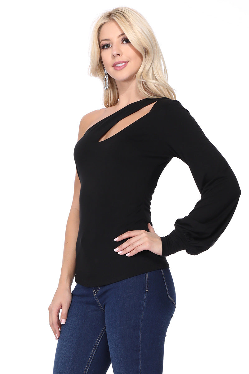 BETTE ASYMMETRICAL BISHOP SLEEVE TOP (BLACK)-VT2611