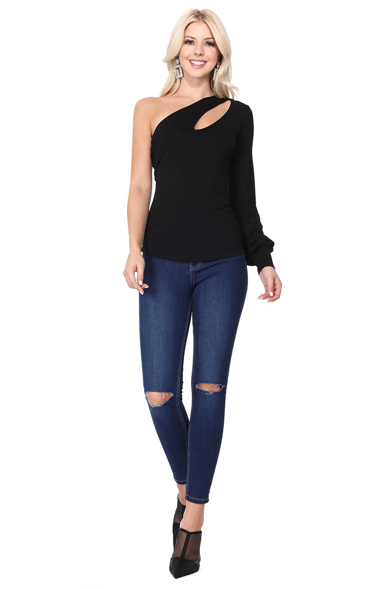 BETTE ASYMMETRICAL BISHOP SLEEVE TOP (BLACK)-VT2611