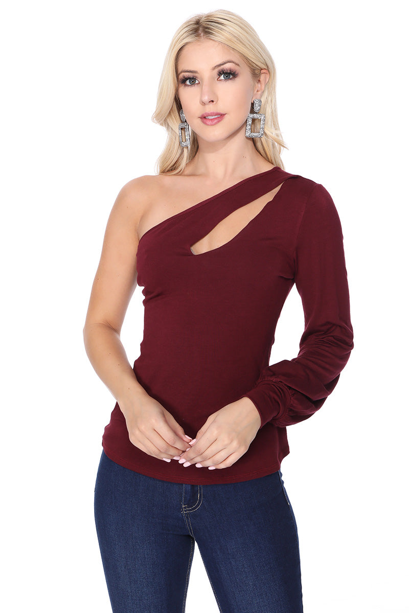 BETTE ASYMMETRICAL BISHOP SLEEVE TOP (DARK WINE)-VT2611