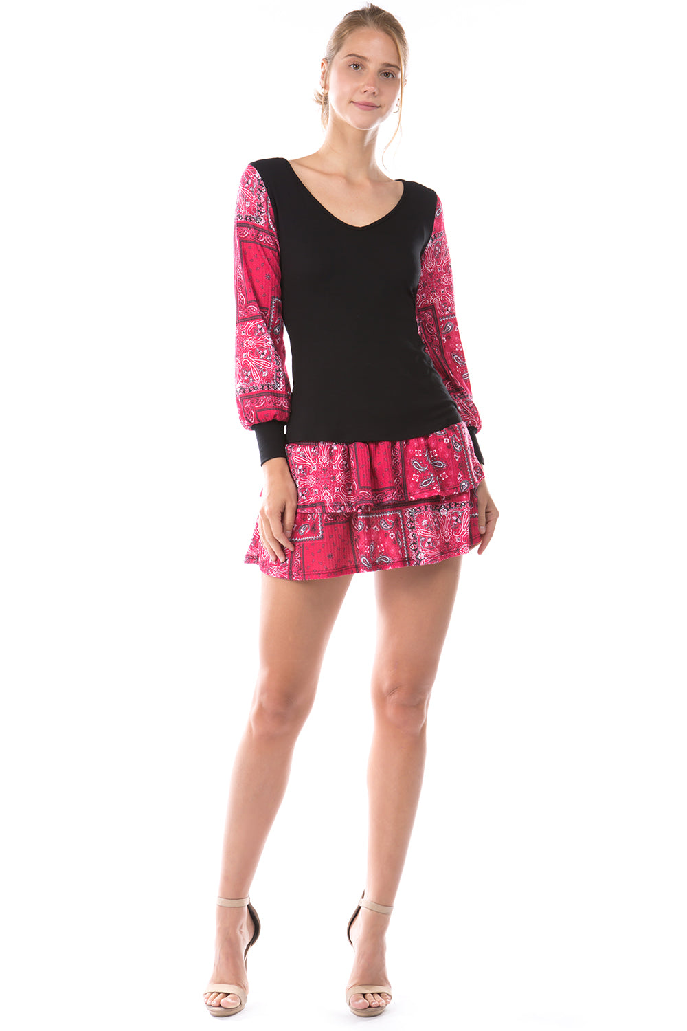 AGNES BUBBLE LONG SLEEVE TOP (BLACK/RED BANDANA)-VT2636