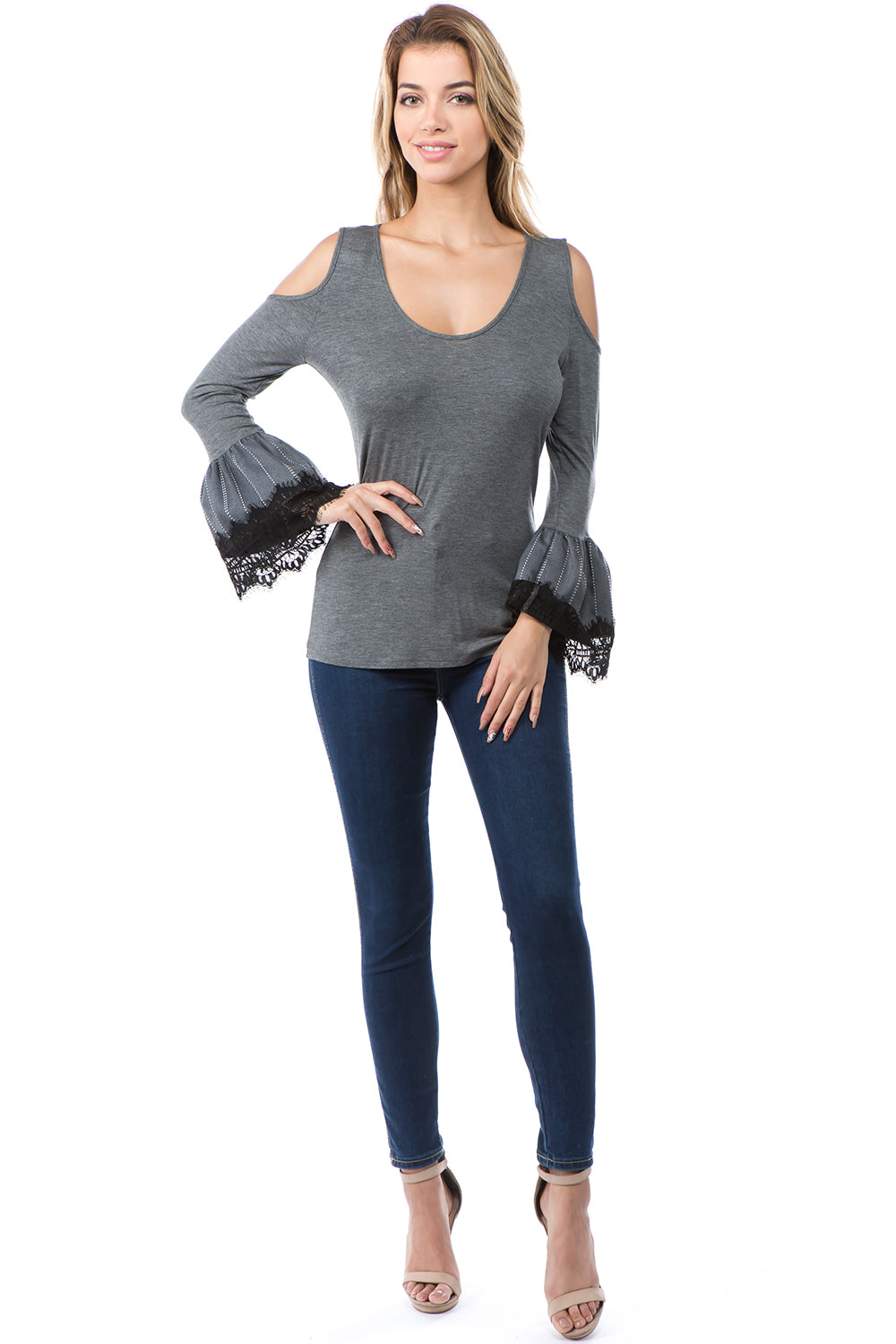 HANNAH OPEN SHOULDER TOP (HEATHER GREY)-VT2643