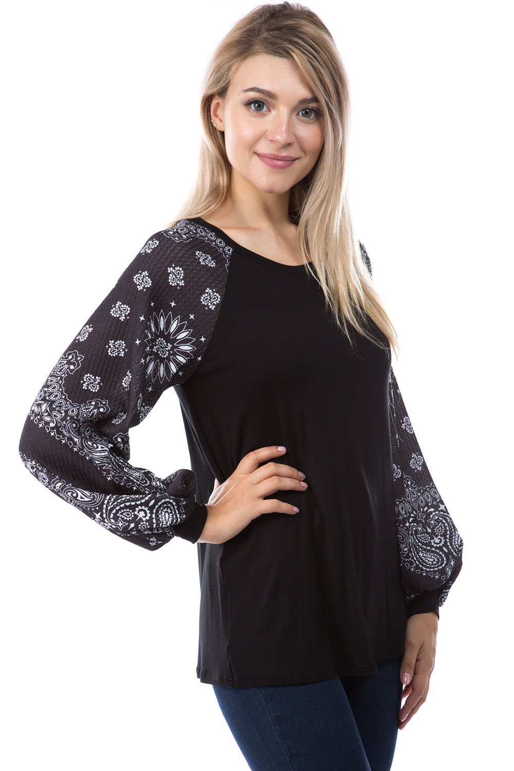 GINA ROUND NECK TOP (BLACK/BLACK BANDANA)- VT2645