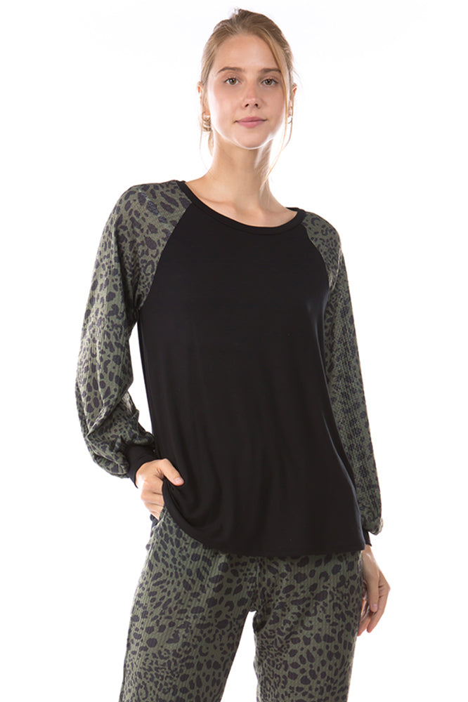 GINA ROUND NECK TOP (BLACK/LEOPARD OLIVE)- VT2645