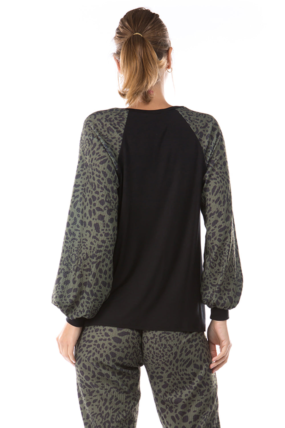 GINA ROUND NECK TOP (BLACK/LEOPARD OLIVE)- VT2645