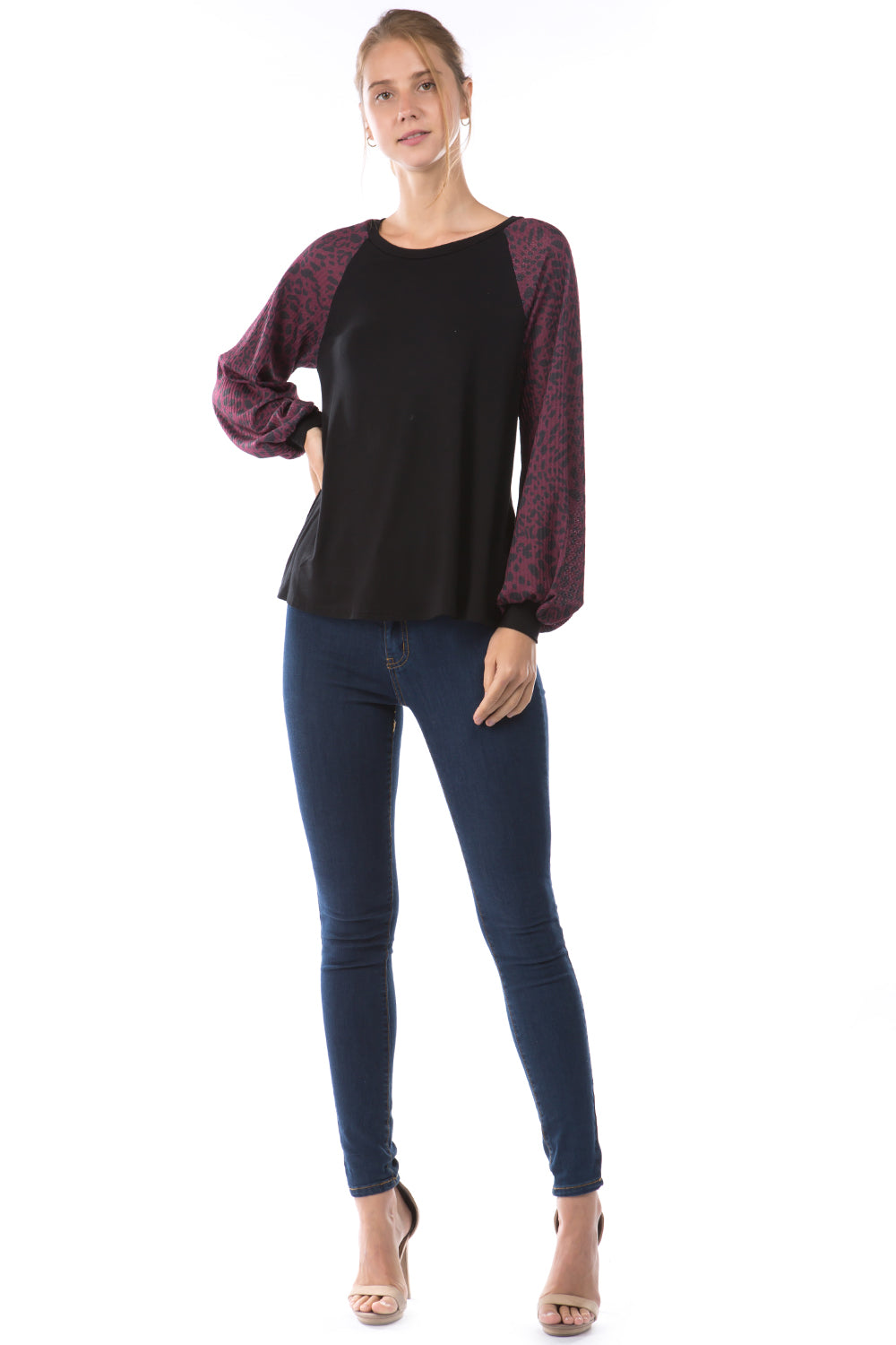 GINA ROUND NECK TOP (BLACK/LEOPARD WINE)- VT2645