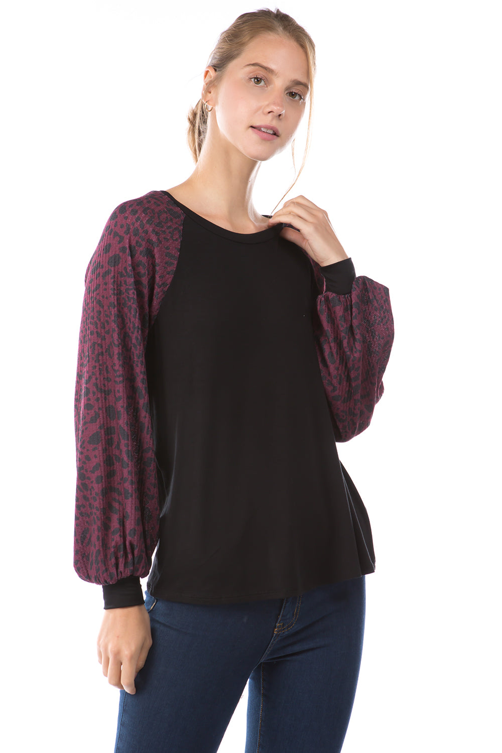 GINA ROUND NECK TOP (BLACK/LEOPARD WINE)- VT2645