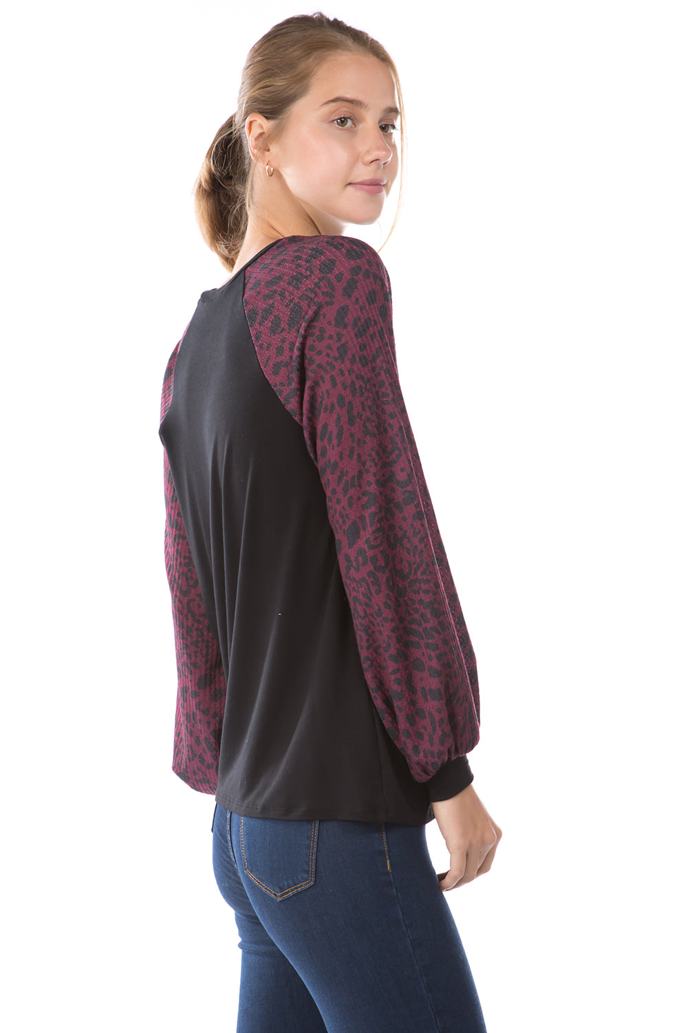 GINA ROUND NECK TOP (BLACK/LEOPARD WINE)- VT2645