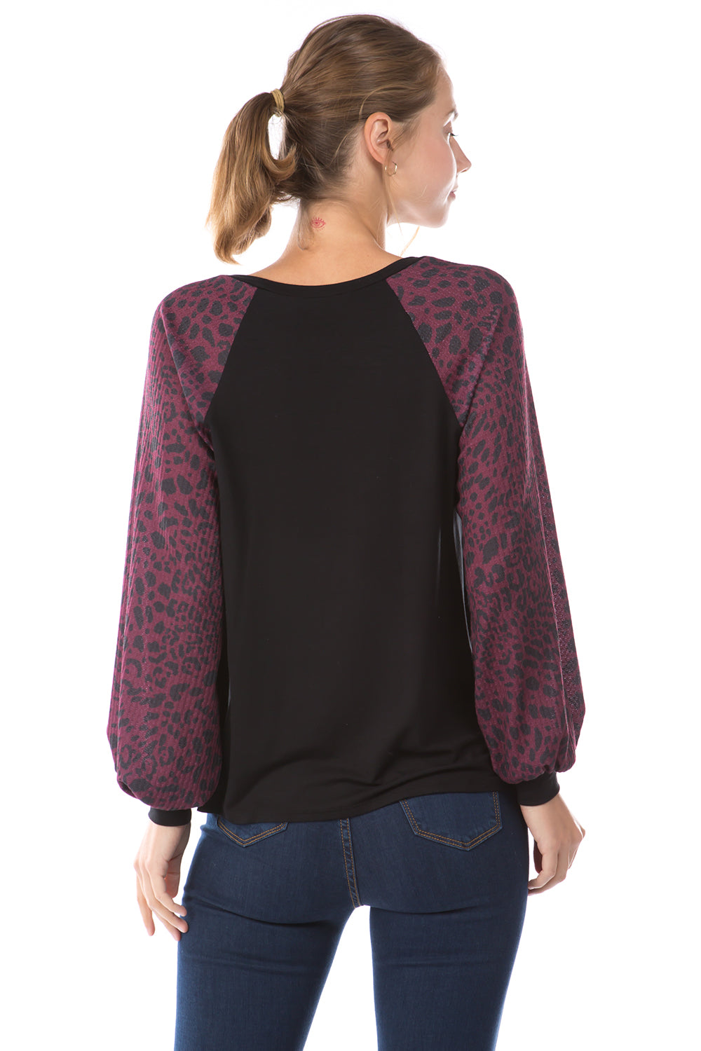 GINA ROUND NECK TOP (BLACK/LEOPARD WINE)- VT2645