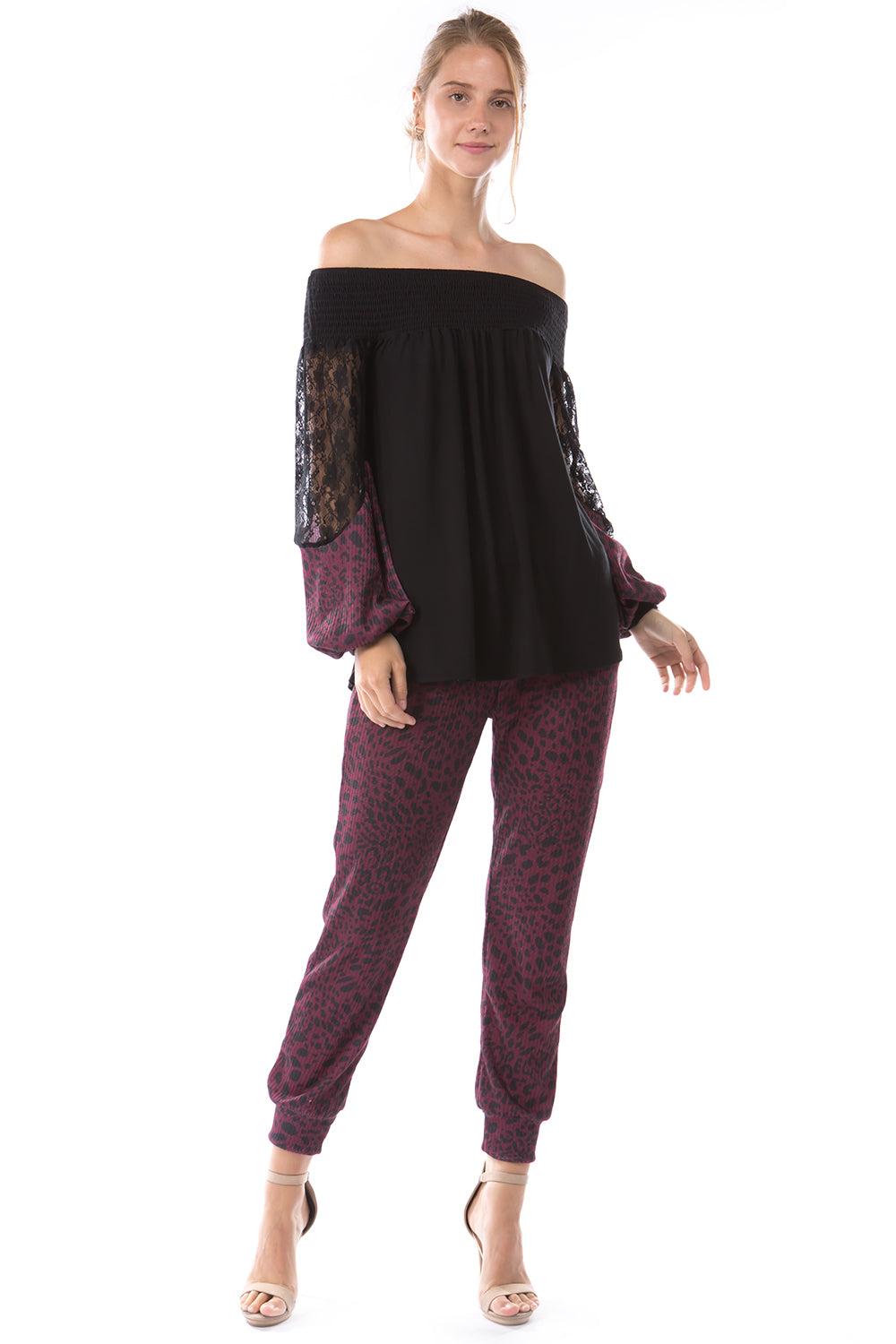 GINA OFF SHOULDER TOP (BLACK/LEOPARD WINE)- VT2646