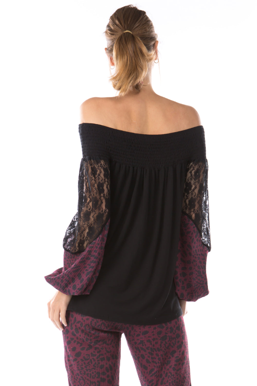 GINA OFF SHOULDER TOP (BLACK/LEOPARD WINE)- VT2646