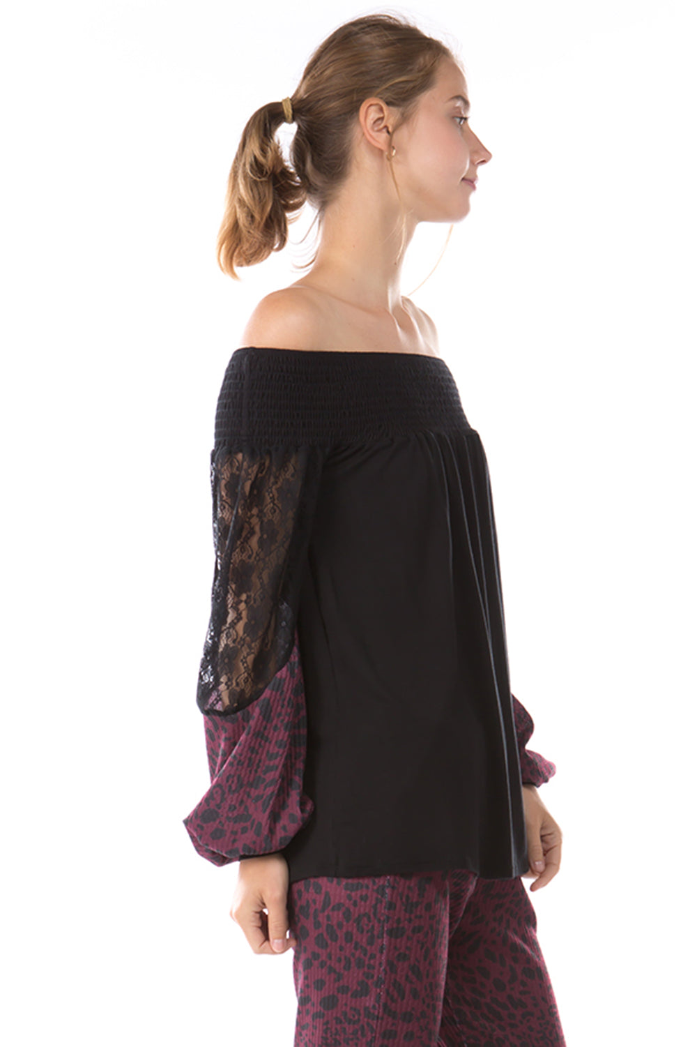 GINA OFF SHOULDER TOP (BLACK/LEOPARD WINE)- VT2646
