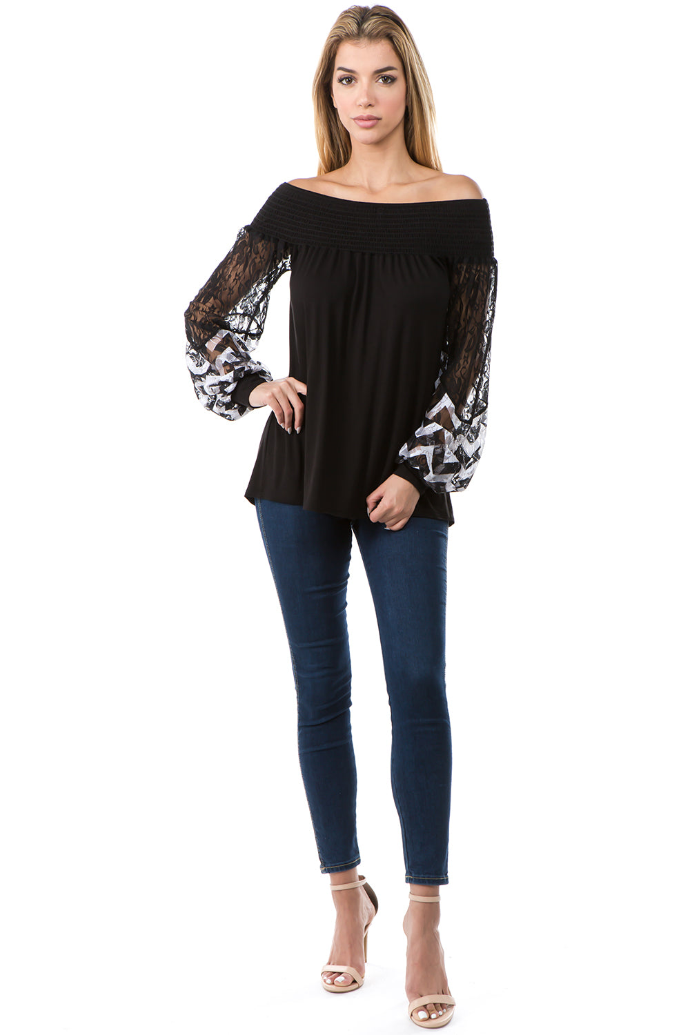 CHEVRON OFF SHOULDER TOP (BLACK / BLACK CHEVRON)- VT2646