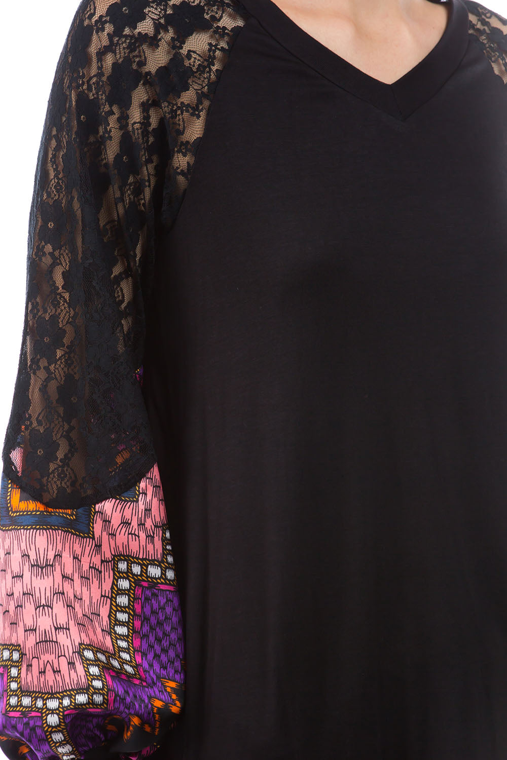 GINA V NECK TOP (BLACK/PURPLE SATIN)- VT2647