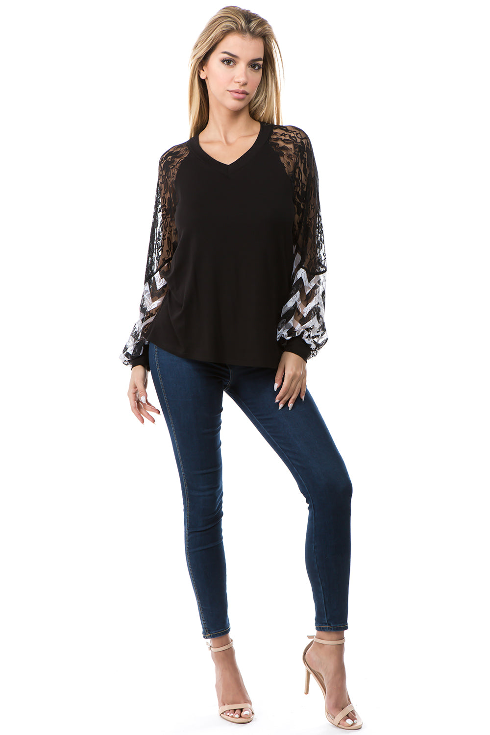 CHEVRON V NECK TOP (BLACK)- VT2647