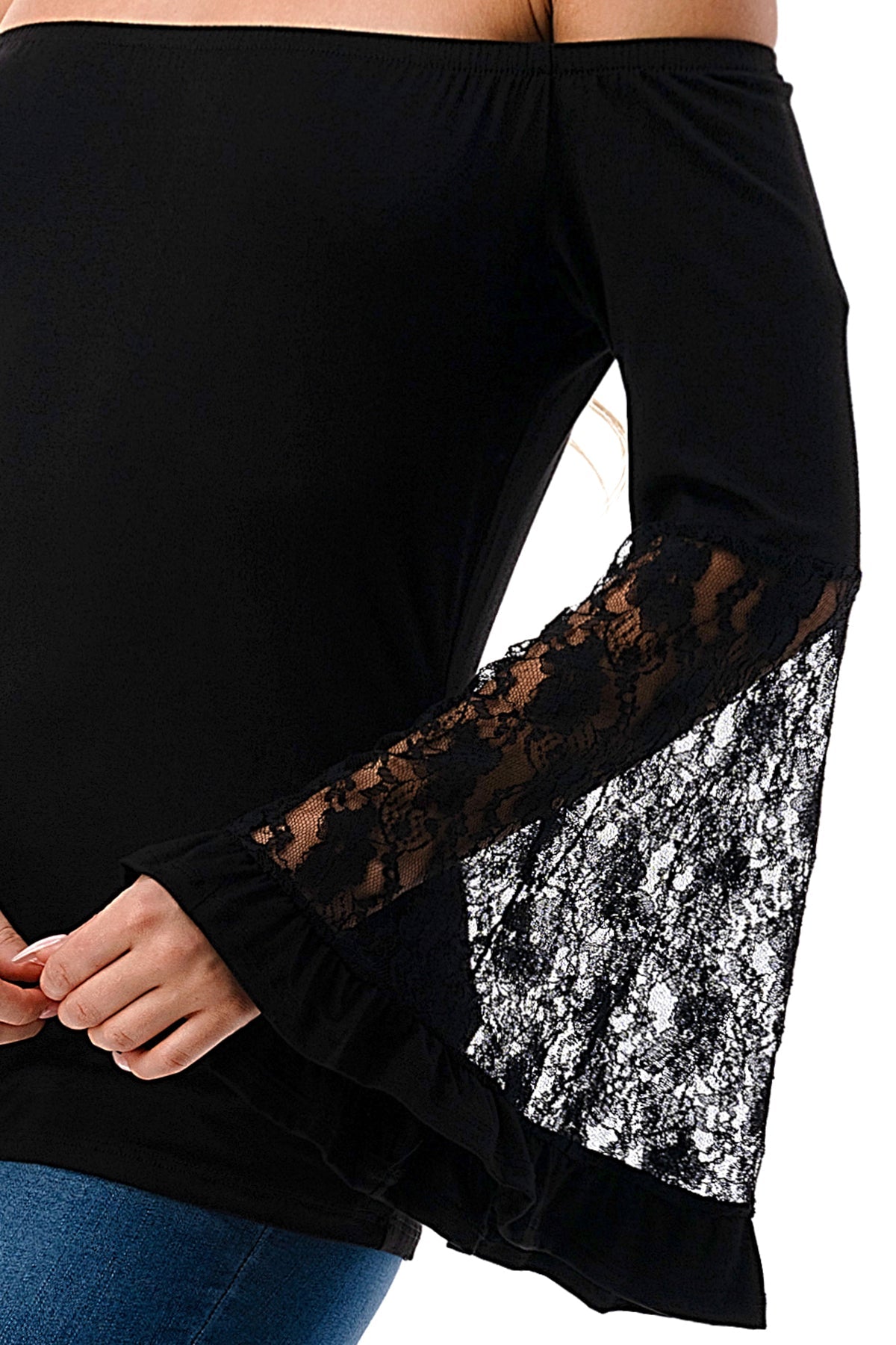 LENA BELL SLEEVE TOP (BLACK / BLACK LACE)- VT2650