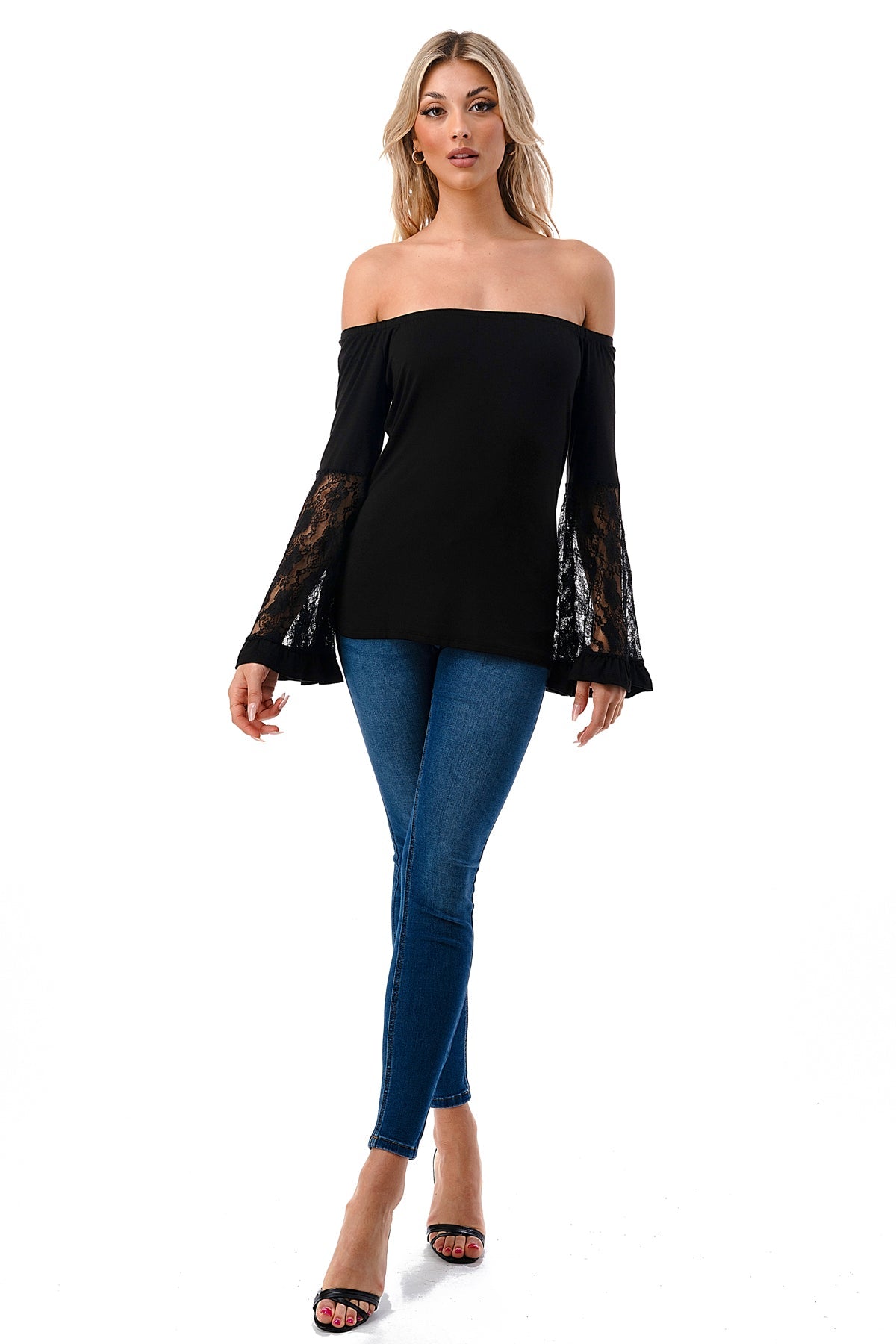 LENA BELL SLEEVE TOP (BLACK / BLACK LACE)- VT2650