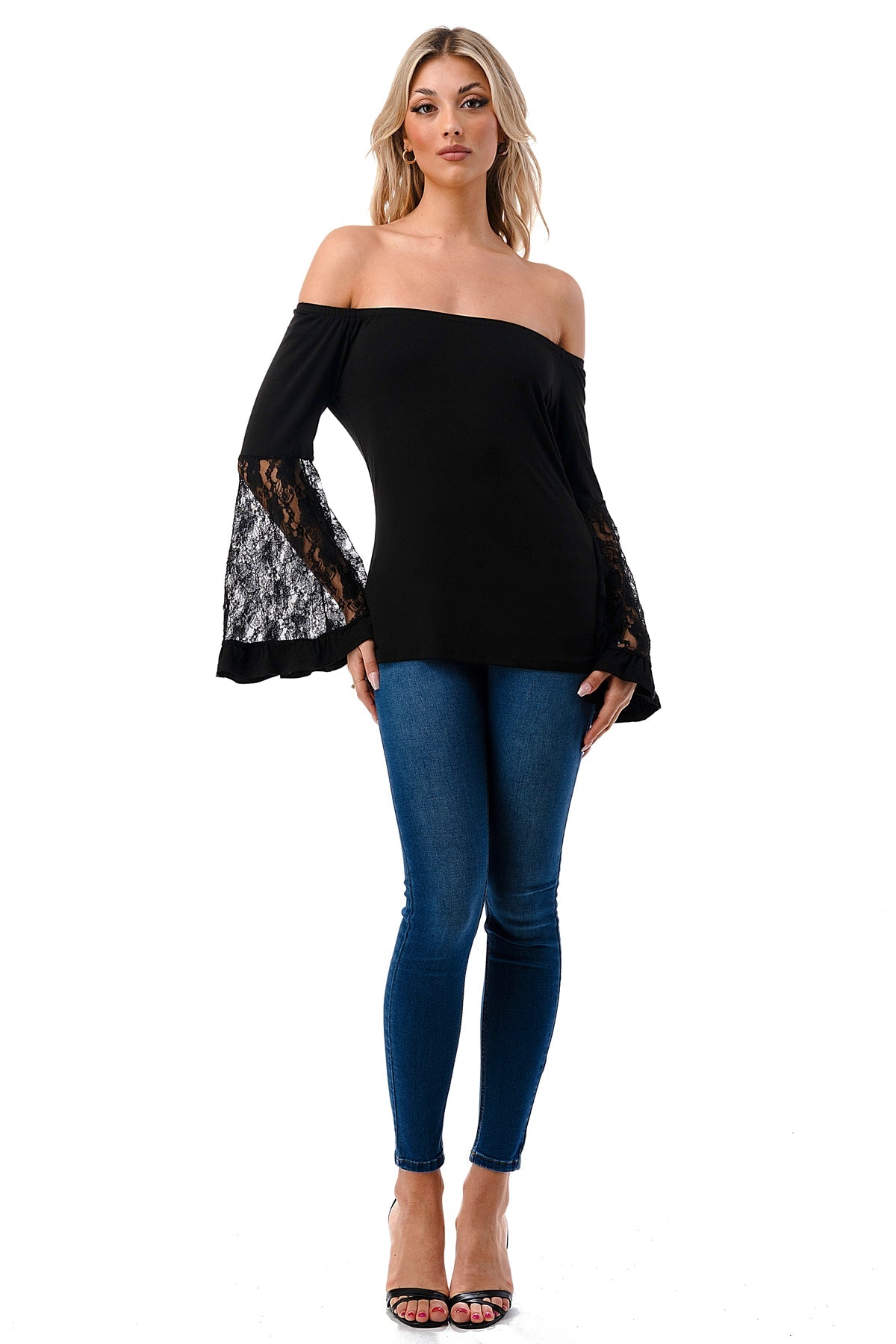 LENA BELL SLEEVE TOP (BLACK / BLACK LACE)- VT2650