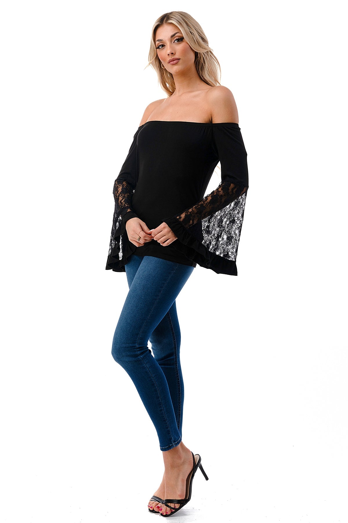 LENA BELL SLEEVE TOP (BLACK / BLACK LACE)- VT2650