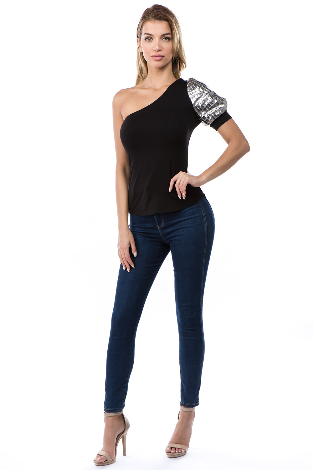 ELLA ONE HALF SLEEVE TOP (BLACK/SILVER)-VT2674