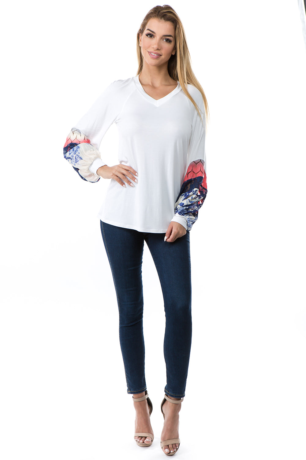 ADIRA COLOR BLOCK SLEEVE TOP (IVORY)- VT2695