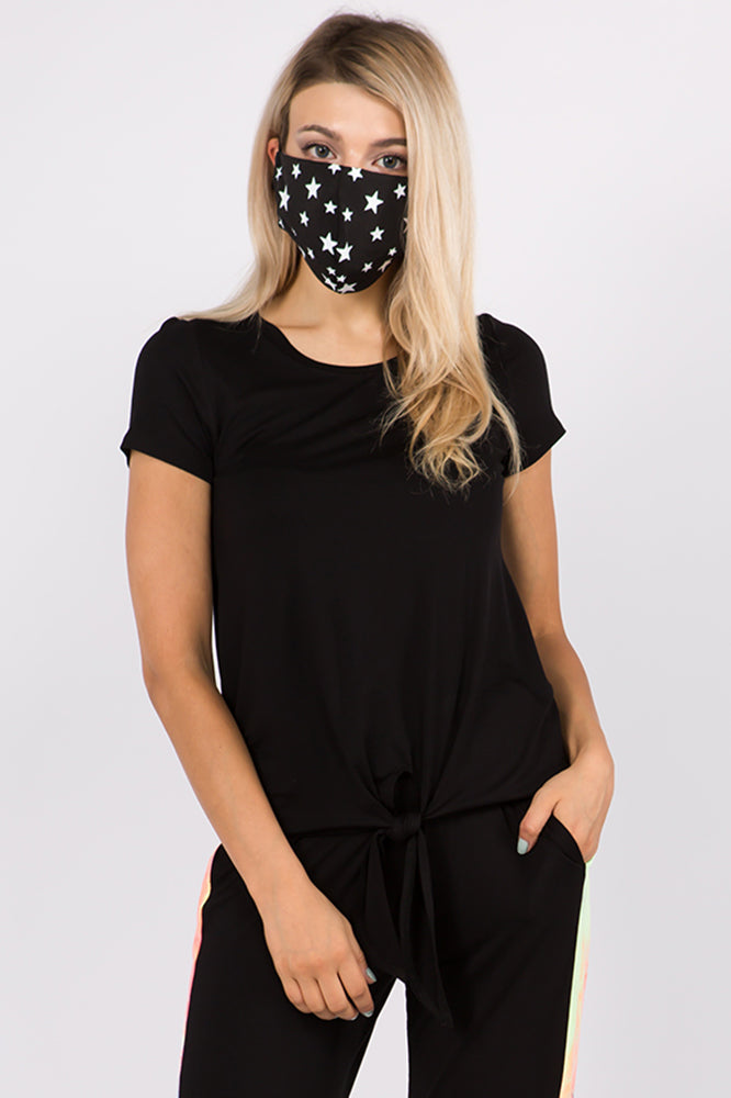 CORA FRONT TIE SHORT SLEEVE TOP (BLACK)- VT2755