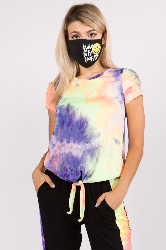 CORA FRONT TIE SHORT SLEEVE TOP (NEON PURPLE TIE DYE)- VT2755T