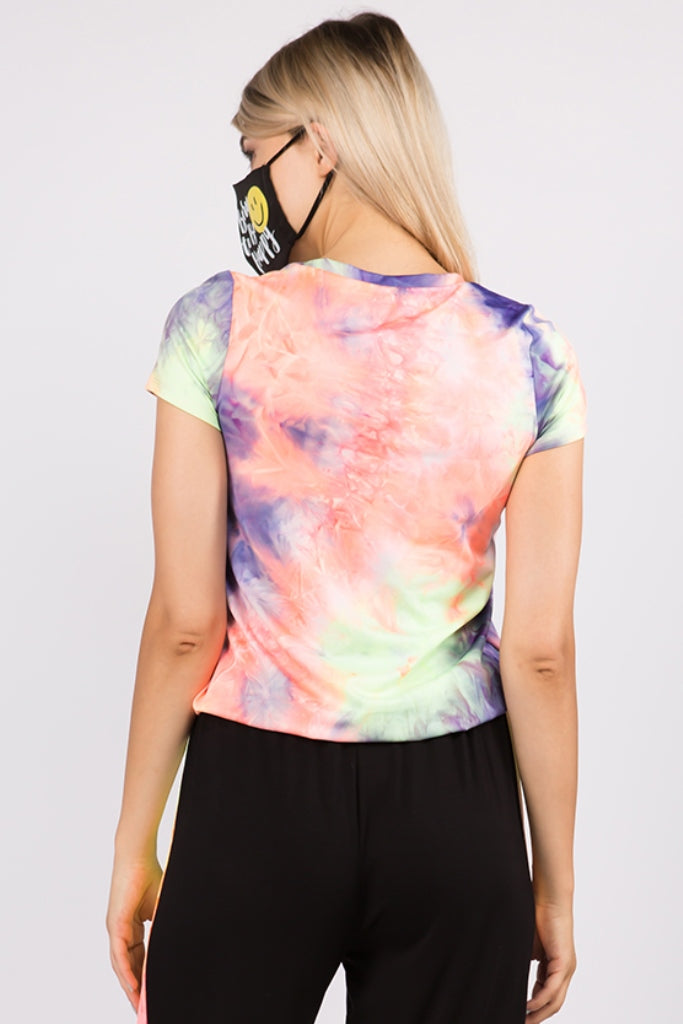 CORA FRONT TIE SHORT SLEEVE TOP (NEON PURPLE TIE DYE)- VT2755T