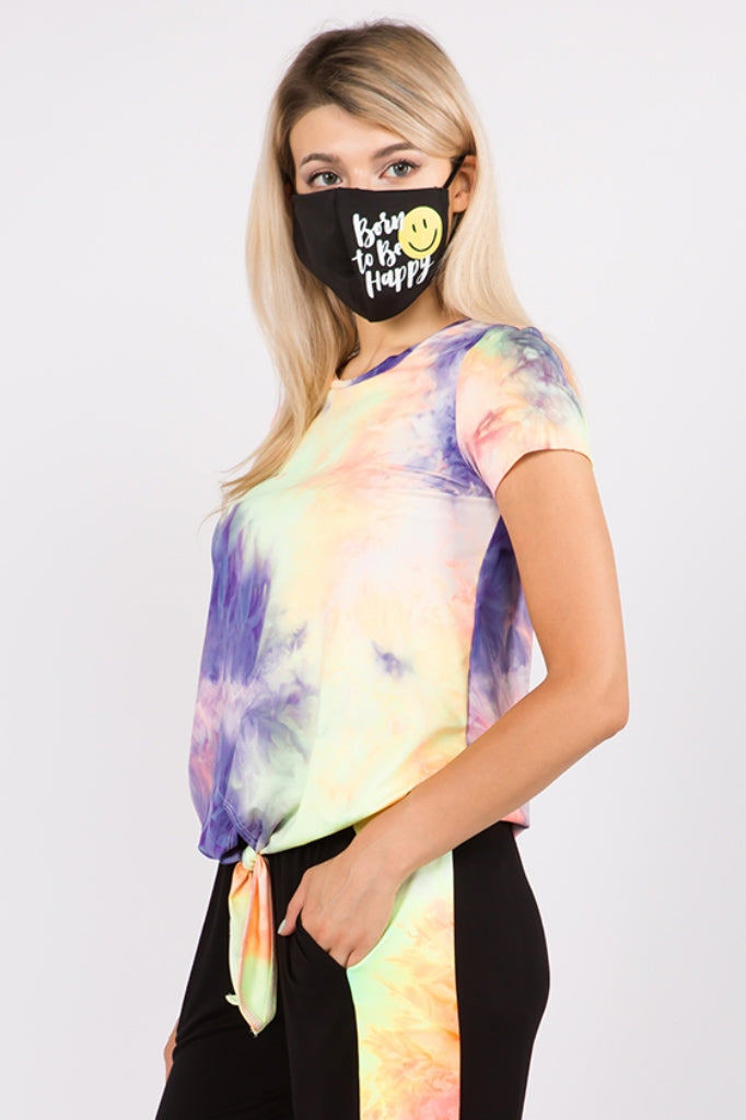 CORA FRONT TIE SHORT SLEEVE TOP (NEON PURPLE TIE DYE)- VT2755T