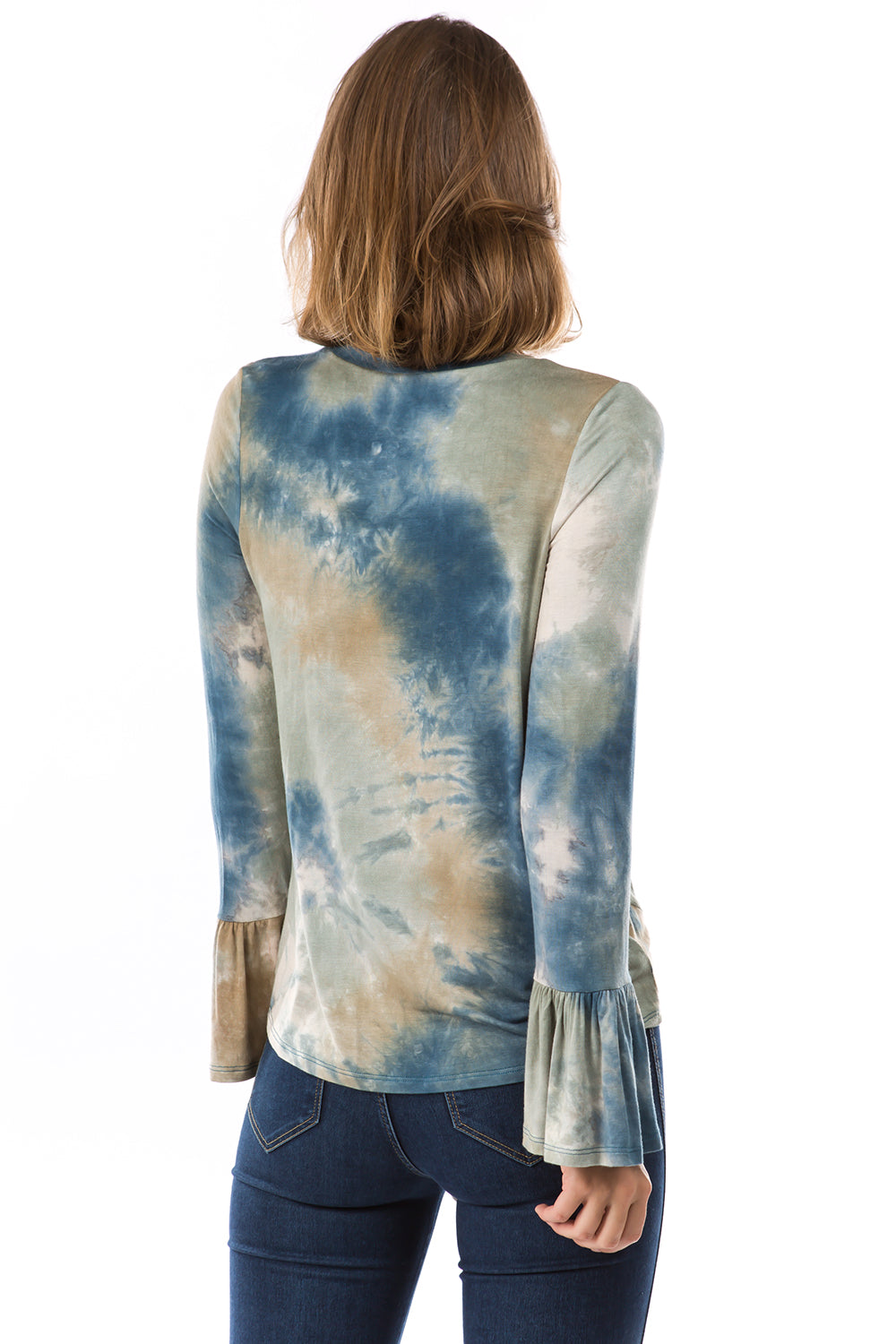 LUX RUFFLE SLEEVE TOP (TAUPE TEAL TIE DYE)-VT2784T